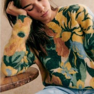 Sezane Floral Crew Neck Sweater - Yellow and Green